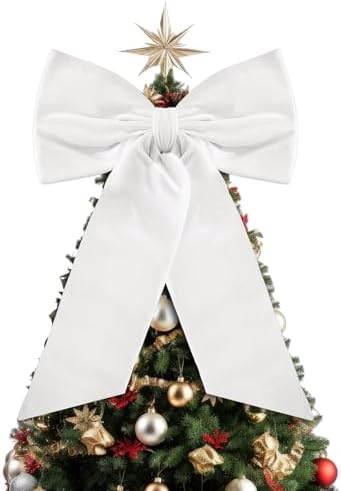 HunnmingRe 20 x 30 Inches Large White Velvet Bow Christmas Tree Topper by HunnmingRe