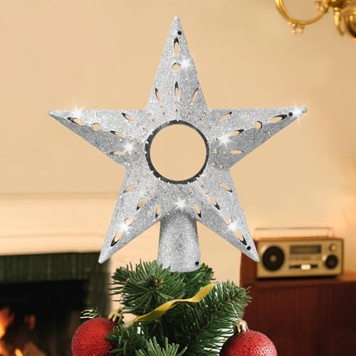 Silver Christmas Tree Topper Star, 12 Inch Glitter Tree Top Decoration, Sparkling Star Ornament for Christmas Tree, Durable ABS Plastic Holiday Decor Accessory, Xmas Tree Topper for Home and Party by IPOW
