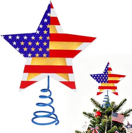 Fangoo 9.8 Inch 4th of July Patriotic Star Tree Topper with LED Lights Memorial Day USA 250th Anniversary Red White and Blue Christmas Tree Toppers for Independence Day Home Office Party Decor by Fangoo