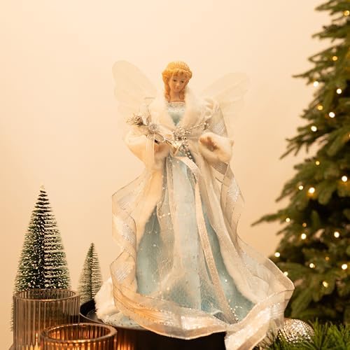 Valery Madelyn Lighted Christmas Tree Topper Angel with Timer, 16 Inch Blue and Silver Fabric Angel Tree Topper with Lights for Christmas Tree Decoration Indoor, Battery Operated - Image 4