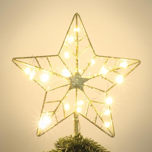 YEAHOME Christmas Tree Topper, Gold Glittered Hollow 5-Point Star Tree Topper for Christmas Tree Decorations, Lighted Wire Star with 20 LED Lights for Christmas Treetop, Xmas Tree Topper with Timer by YEAHOME