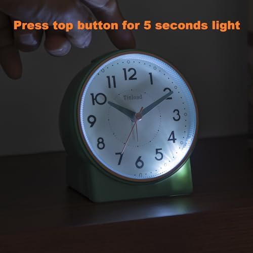 Tinload 4.3" Retro Analog Alarm Clock, Vintage Decor, No Ticking Silent, Easy to Set, Gradual Rise Alarm, On/Off Switch on Side, Gentle Wake, Snooze, Lighted on Demand, Battery Operated, Retro Green - Image 5