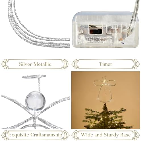 Valery Madelyn Lighted Christmas Tree Topper Angel with Timer, 10 Inch Pre-Lit Silver Metal Small Angel Tree Topper with Lights for Christmas Tree Decoration Indoor, Battery Operated - Image 4