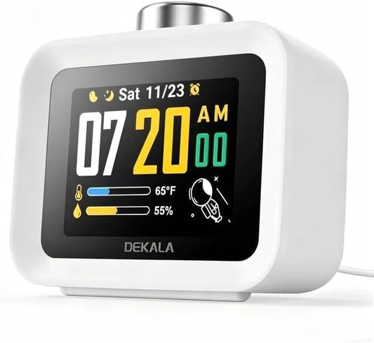 Dekala Alarm Clock for Bedrooms, 4 Alarms, 7-Day Programmable Loud Digital Clock for Heavy Sleepers with White Noise, Temperature & Humidity Display, IPS Animated Screen, Hourly Chime, White by Dekala