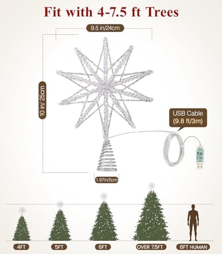 Luxspire Christmas Tree Topper, Lighted Star Tree Topper with USB Remote Control, 10" Clear Metal Christmas Decorations Lights, Light Up Xmas Tree Star Vintage Modern Ornaments for Home Party, Silver - Image 6