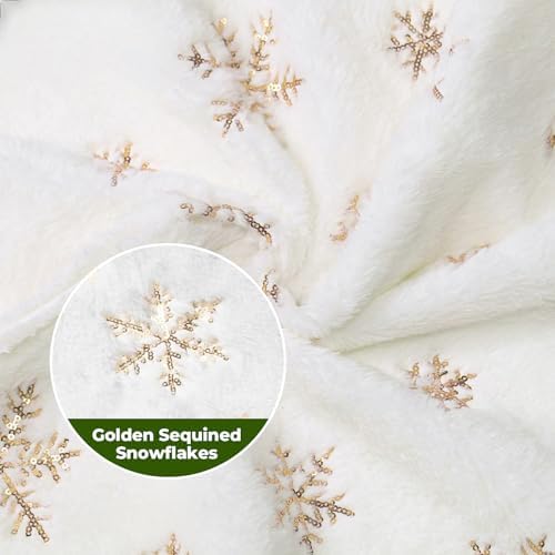 Christmas Tree Skirt 48 Inches Faux Fur Christmas Tree Skirt White with Gold Sequin Snowflakes Large Xmas Tree Skirt Christmas Tree Base Cover Party Decorations Ornaments - Image 5