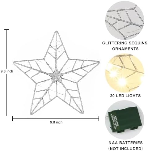 YEAHOME Christmas Tree Topper, Silver Glittered Hollow 5-Point Star Tree Topper for Christmas Tree Decorations, Lighted Wire Star with 20 LED Lights for Christmas Treetop, Xmas Tree Topper with Timer - Image 3