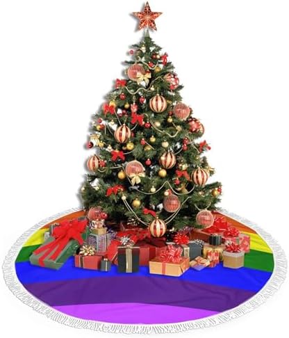 Christmas Tree Skirt 36" Inch LGBT Gay Pride Flag Xmas Tree Skirt Mat with White Tassel for Party Holiday, Tree Skirt Christmas Decorations - Image 4