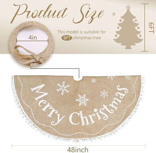 AerWo Christmas Tree Skirt 48 Inches, Burlap Tree Skirt Printed with White Snowflake and Merry Christmas Decor, Brown Tree Skirt for Christmas Decorations New Year Holiday Party Supply Indoor Outdoor - Image 3