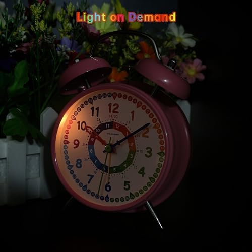 Peakeep Learning Clock for Kids Time Teaching, Loud Alarm to Wake Up | 4.5" Twin Bell Alarm Clock Battery Operated for Teenagers Kids, Kids' Room (Pink) - Image 6