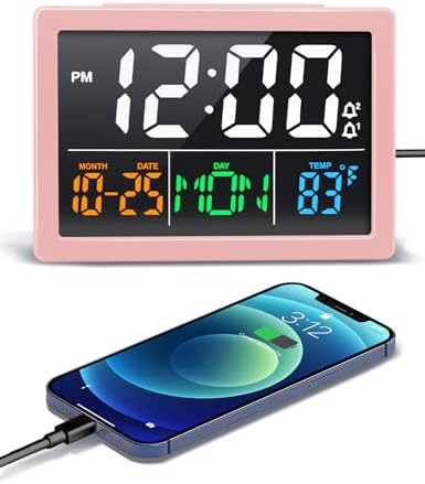 JALL Digital Clock with Date Day for Seniors, Electric Alarm Clocks for Bedrooms with Temperature, 2 Alarms, Dimmer, Dual USB Charger, Battery Backup, Volume Control, Snooze, Bedside Desk Clock, Pink by JALL
