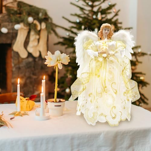 12" Lighted White Angel Christmas Tree Topper with Feather Wings - Image 3