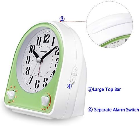 Peakeep Analog Alarm Clock Non-Ticking Silent, 7 Wake-up Sounds | with Volume Control, Nightlight and Snooze, AA Battery Operated (Green) - Image 3