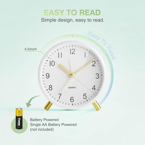 Analog Alarm Clock, Silent Non-Ticking with Night Light, Fashionable Round Metal Alarm Clock for Office, Battery Operated, Bedroom, Elderly, Adults, Children, Kids, Student Gifts - Image 6
