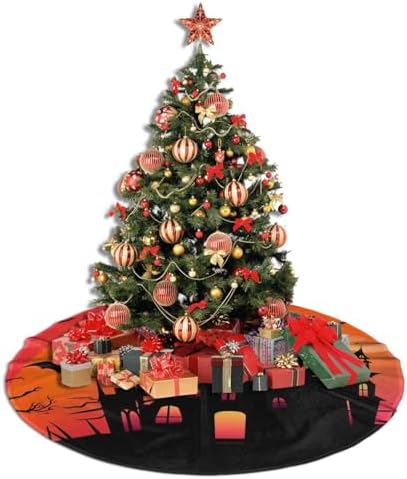 Christmas Tree Skirt, Happy Halloween Witch Castle Moon Xmas Large Tree Mat, New Year Festive Holiday Party Decorations 30" inches - Image 5