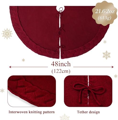 NIBESSER Knit Tree Skirt Red 48" Christmas Tree Skirt Red Knitted Tree Skirt Mat for Christmas Decorations Yarn Thick Rustic Cable Knit Tree Mat for Home Party Holiday Ornaments - Image 3