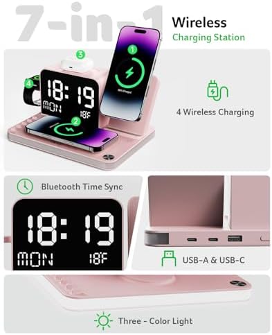 Acer 7-in-1 Wireless Charging Station with LED Clock - 30W Fast Wireless Charger for iPhone 16/15/14/13/12/Pro Max, Apple Watch, AirPods - Bluetooth Auto Time Sync & Night Lights (Pink) - Image 2