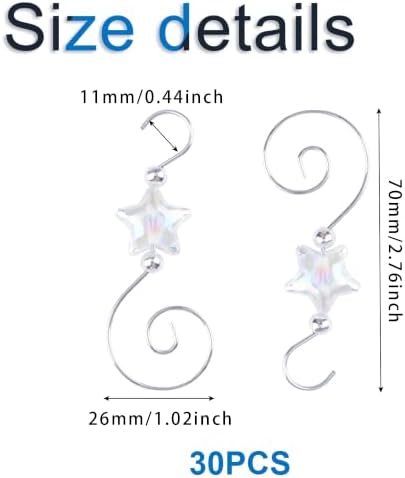 INCREWAY 30PCS Christmas Ornament Hooks with Pentagram Bead, S-Shaped Decorative Hangers Silver Metal Wire Transparent Acrylic Beads for Christmas Tree Decorations Party Crafts Door Frame - Image 2