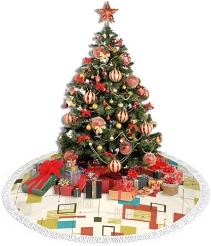Christmas Tree Skirt 36" Inch Mid Century Modern Partten Xmas Tree Skirt Mat with White Tassel for Party Holiday, Tree Skirt Christmas Decorations - Image 4