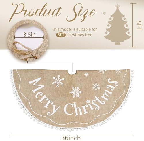 AerWo Christmas Tree Skirt 36 Inch, Burlap Tree Skirt Printed with White Snowflake and Merry Christmas Decor, Brown Tree Skirt for Christmas Decorations New Year Holiday Party Supply Indoor Outdoor - Image 3