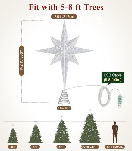 Luxspire Christmas Tree Topper, Lighted Star Tree Topper with USB Plug-in & Remote Control, 10" LED Christmas Decorations Light, Xmas Trees Vintage Ornament for Home, Bethlehem Star-Silver - Image 6