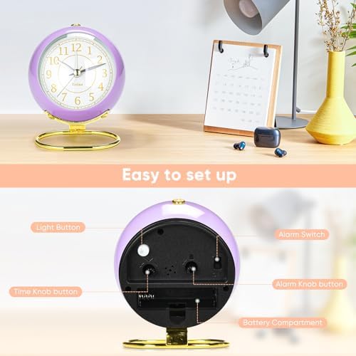 Tetino Analog Alarm Clocks,Retro Backlight Cute Simple Design Small Desk Clock with Night Light,Silent Non-Ticking,Battery Powered,for Kids,Teens,Bedroom,Travel,Kitchen,Bedside Desk Decor. (Purple) - Image 6