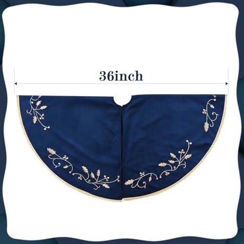 Bunny Chorus Christmas Tree Skirt, 36 inches Large Velvet Fur Plush Blue Tree Skirt, Xmas Tree Skirts with Gold Embroidered Holly Leaf for Merry Christmas Party Christmas Tree Decorations - Image 3