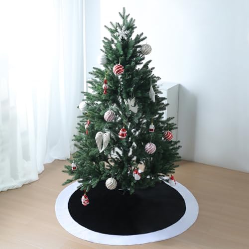 48" Black Plush Christmas Tree Skirt with White Border - Image 2