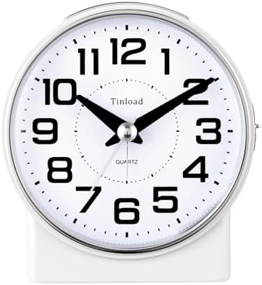 Tinload 4.3" No Ticking Analog Alarm Clock,Silent Readable for Seniors,Easy to Set,Gradual Rise Alarm,Big Numbers,On/Off Switch on Side,Gentle Wake,Snooze,Lighted on Demand,Battery Operated,White by Tinload