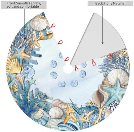 Shell Coastal Beach Starfish Sea Seahorses Christmas Tree Skirt - Plush Polyester Mat Resistant with 3 Red Ties for Xmas, Halloween Decorations, Party Decor 48" - Image 3
