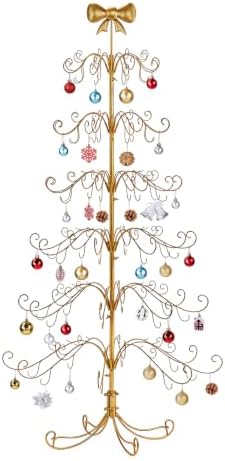VINGLI 6ft Metal Christmas Ornament Tree Stand w/Bow Topper, 192 Branches, Decorative Iron Display Tree for Hanging Ornaments, Wrought Iron Christmas Tree Decoration for Holiday Home Decor, Gold by VINGLI