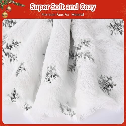 Christmas Tree Skirts 60 Inches, White Faux Fur Christmas Tree Skirt with Silver Sequin Snowflakes, Extra Large Plush Tree Skirts for Xmas Holiday Party Decorations. - Image 7