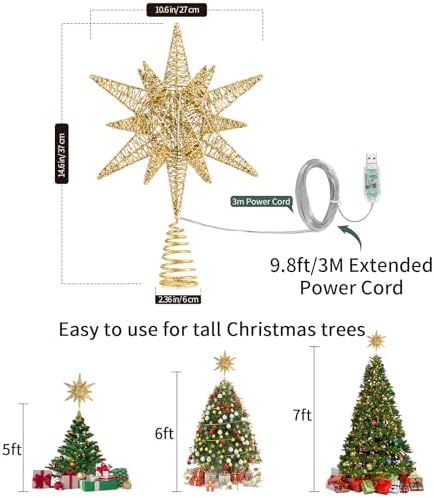 Lewondr Christmas Star Tree Topper, 14.6" Lighted Glitter 3D Star Treetop - Image 5