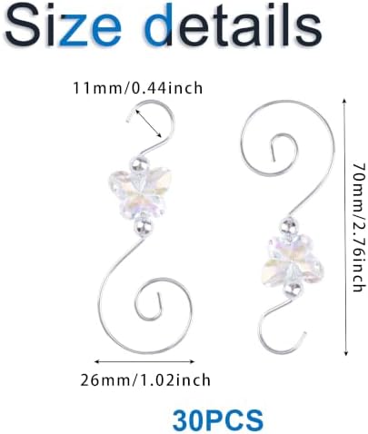 INCREWAY 30PCS Christmas Ornament Hooks with Butterfly Bead, S-Shaped Decorative Hangers Silver Metal Wire Transparent Acrylic Beads for Christmas Tree Decorations Party Crafts Door Frame - Image 2