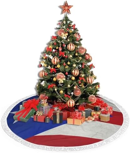 Christmas Tree Skirt 48" Inch Puerto Rico Flag Xmas Tree Skirt Mat with White Tassel for Party Holiday, Tree Skirt Christmas Decorations - Image 4