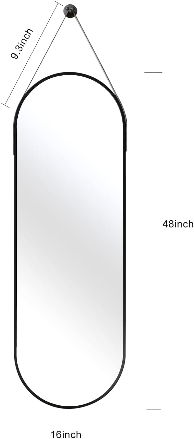 OGCAU 48'' x 16'' Full Length Mirror Wall-Mounted, Full Body Hanging Mirror for Wall and Door in Bedroom, Living Room, Oval with Straps, Hanging with Aluminum Alloy Frame (Oval Black)