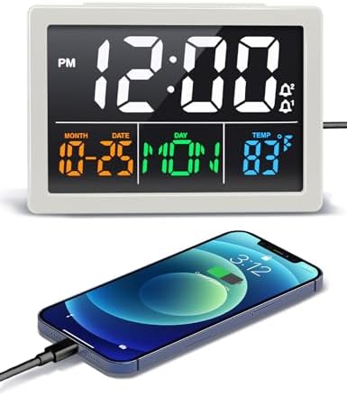 JALL Digital Clock with Date Day for Seniors, Electric Alarm Clocks for Bedrooms with Temperature, 2 Alarms, Dimmer, Dual USB Charger, Battery Backup, Volume Control, Snooze, Bedside Desk Clock, White by JALL