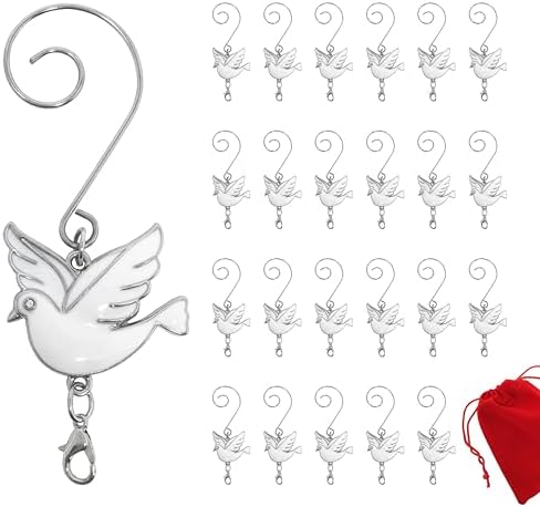 White Enameled Dove Ornament Hooks Set of 24 – Christmas Ornament Hangers with S-Hook & Lobster Claw Clips, Decorative Bird Hooks for Tree Ornaments, Holiday Decorations, Keepsakes & Seasonal Display by BANBERRYDESIGNS