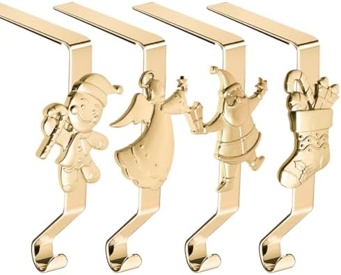 Christmas Stockings hooks, Gold Christmas Stockings holder for Mantle Set of 4, Reusable Christmas Stocking Hooks, No-Damage Xmas Hanger for Fireplace Stand Christmas Decoration Ornaments Hanging by XENTUMI