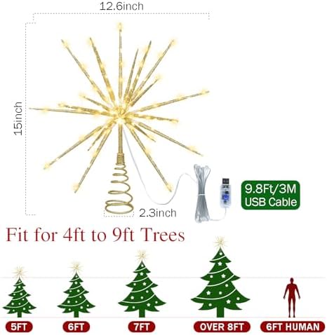 15-Inch Starburst Christmas Tree Topper with 150 LEDs & Remote, Gold - Image 5