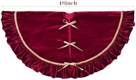 Bunny Chorus Christmas Tree Skirt: 48 Inch Large Luxury Wine Red Velvet Plush Fur Ruffled Christmas Tree Skirts with Gold Trim and Bow, Vintage Royal Decorations for Xmas Home Indoor Decor - Image 3