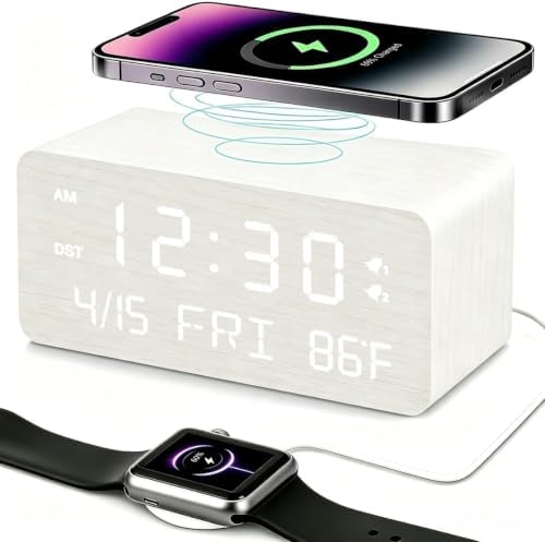 Premium White Wooden Digital Alarm Clock with Wireless Phone Charger, USB Charging Ports, Dimmable LED Display, Date & Day of Week, Temperature, Digital Desk Clock for Bedroom Nightstand Bedside Table by Andoolex