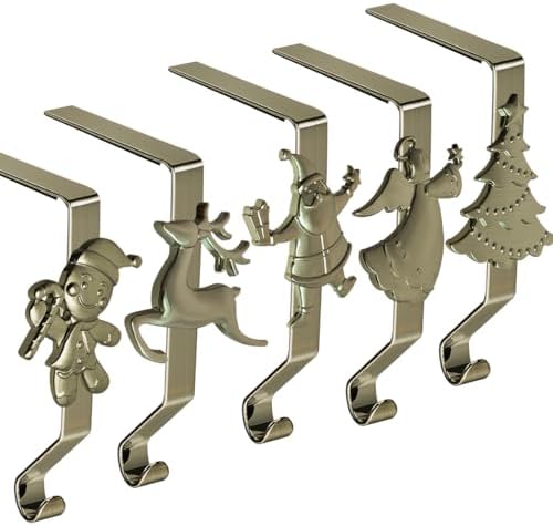 Stocking Holder for Mantle, Christmas Stocking Holders Set of 5, Reusable Christmas Stocking Hooks, No-Damage Xmas Hanger for Fireplace Mantle Grip Christmas Decoration Ornaments Hanging by XENTUMI