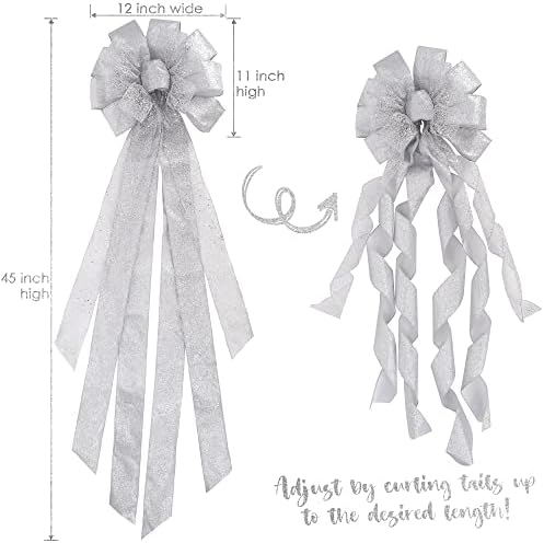 MEEDEE Silver Christmas Tree Topper Silver Glitter Christmas Bows 12" Wide Snowflake Ribbon Bow Silver Christmas Bows Silver Tree Topper Silver Bows for Christmas Tree (1 Pack) - Image 3