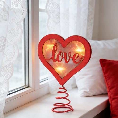 Fangoo 7.8 x 6 Inches Red Wooden Heart Tree Topper for Valentine's Day Decoration with Led Light Romantic Wooden Love Tree Toppers Ornaments for Party Decoration Wedding Home Decor Couple Gifts - Image 5