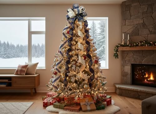 11" sq. Christmas Tree Topper Bow with 4 Tails (3 Yards Long Each) Royal Navy Blue and Gold Snowflake for X'Mas D'ecor Wreath Luxury Gift - Image 5