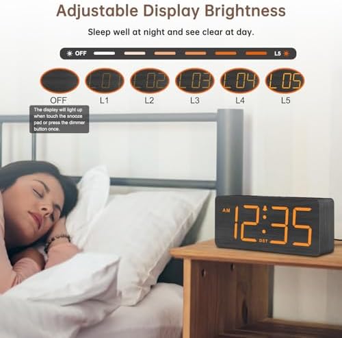 DreamSky Wooden Digital Alarm Clock for Bedroom with Large Numbers | Desk Clocks for Living Room, Loud Alarm for Heavy Sleepers with Volume Control, Dimmer, DST, Office Wood Decor (Plug-in) - Image 4