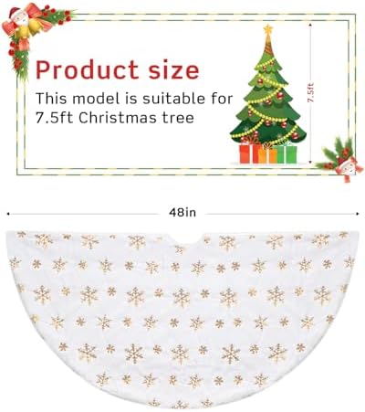 COOLWUFAN 48 Inches Faux Fur Christmas Tree Skirt for Xmas Tree Holiday Party Decoration White Plush Gold Sequin Snowflake (Gold) - Image 5