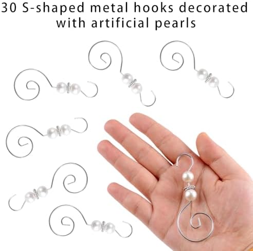 INCREWAY 30 PCS Ornament Hooks Silver S-Shaped Hangers Hook Swirl Christmas Tree Hanger Metal Hooks with Artificial Pearl - Image 3