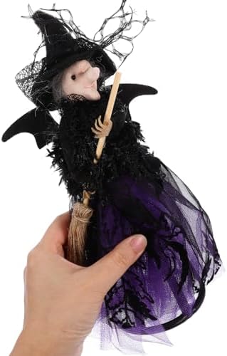 Alipis Halloween Witch Tree Topper, Black Witch Doll Ornament with Black Pointed Hat and Flying Broom Christmas Tree Top for Desktop Treetop Fireplace Halloween Decor - Image 6